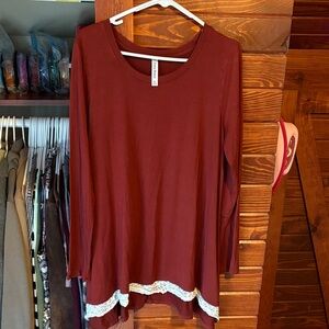 Zenana Outfitters Maroon Tunic with Lace Trim